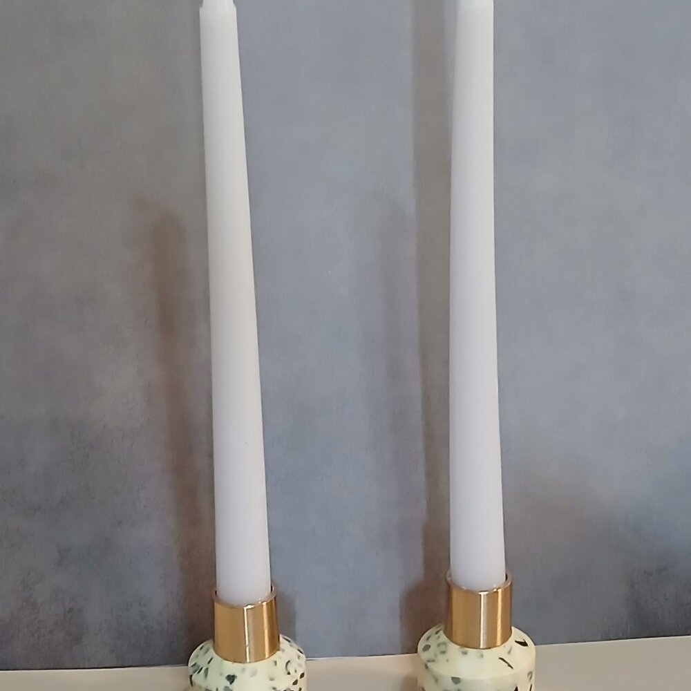 Set of Speckled Taper Candle Holders w/Candles-Black, Gray, White